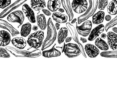 Kurutulmuş meyve ve böğürtlen tasarımı. Renk şablonunda kurutulmuş eski meyveler. Lezzetli sağlıklı tatlı - kurutulmuş mango, kavun, incir, kayısı, muz, hurma, kuru erik, kuru üzüm. Doğulu tatlıların vektör arkaplanı