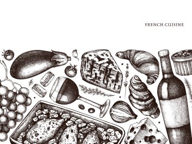 Fransız mutfak menüsü tasarımı. El yapımı vektör yiyecek ve içecek festivali yemekleri çizimleri. Klasik Fransız yemeği ve içecek restoran menü şablonu.
