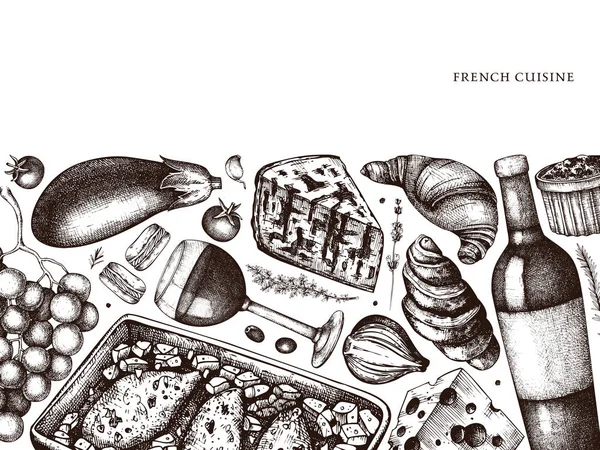 Diseño Menú Cocina Francesa Dibujado Mano Vectorial Comida Bebida Festival — Vector de stock