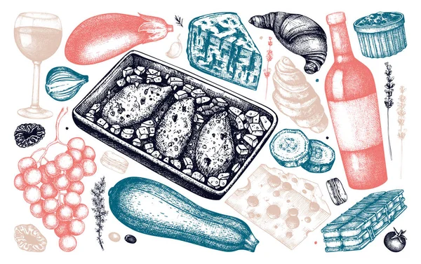 Коллекция Блюд Ингредиентов Французской Кухни Ручной Рисунок Векторной Еды Напитков — стоковый вектор