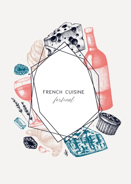 Design Menu Cozinha Francesa Vetor Desenhado Mão Comida Bebida Pratos — Vetor de Stock