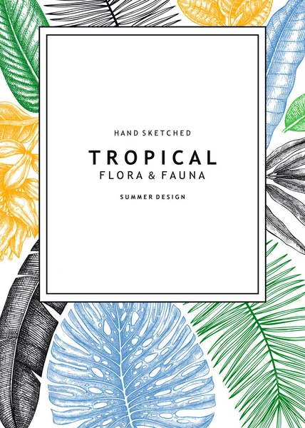 Conception Cadre Tropical Fond Vectoriel Avec Plantes Tropicales Dessinées Main — Image vectorielle