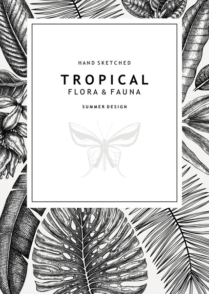 Tropisk Ramkonstruktion Vektor Bakgrund Med Handritade Tropiska Växter Exotiska Blommor — Stock vektor