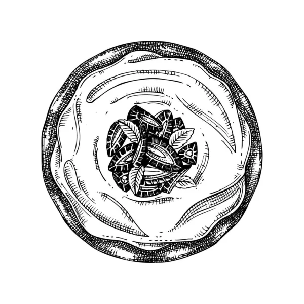 Schizzo Torta Fragole Illustrazione Vettoriale Inchiostro Disegnato Mano Frutta Bacca — Vettoriale Stock