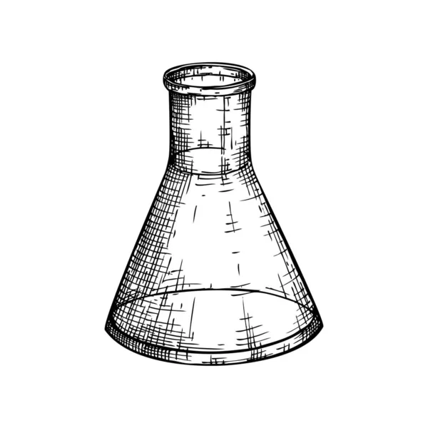 実験装置のスケッチ 手描きのガラス製ビーカーフラスコイラスト 化学または医療研究室の測定機器の描画 科学や医学の実験のためのベクトル試験管 — ストックベクタ