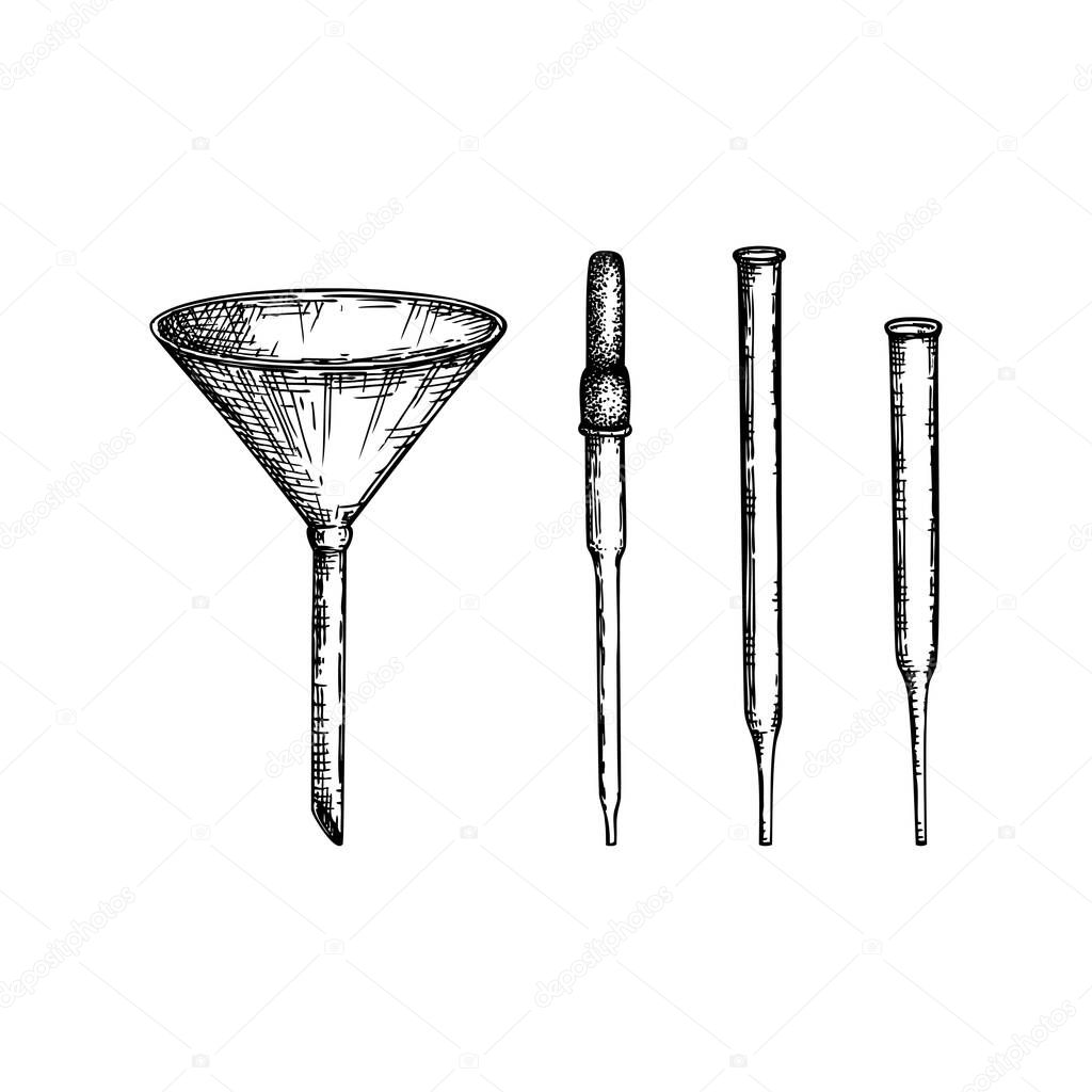 Laboratory equipment sketch. Hand drawn glass pipet and funnel set. Chemical and medicine lab testing equipment. Vector pipette and funnel for science experiments or measuring