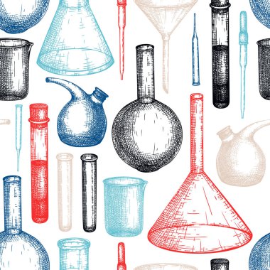 Laboratuvar ekipmanı skeci. El yapımı cam pipet ve huni seti. Kimyasal ve tıp laboratuarı test ekipmanları. Bilim deneyleri ya da ölçümler için vektör pipeti ve huni