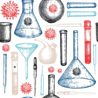 Laboratuvar ekipmanı çizimleriyle Corona Virüsü kusursuz desen. El çizimi Coronavirus 2019-nCoV geçmişi. Tıp laboratuarı teçhizat test arkaplanı. Vektör cam, beher, matara, pipet, bilim deneyleri için huni..