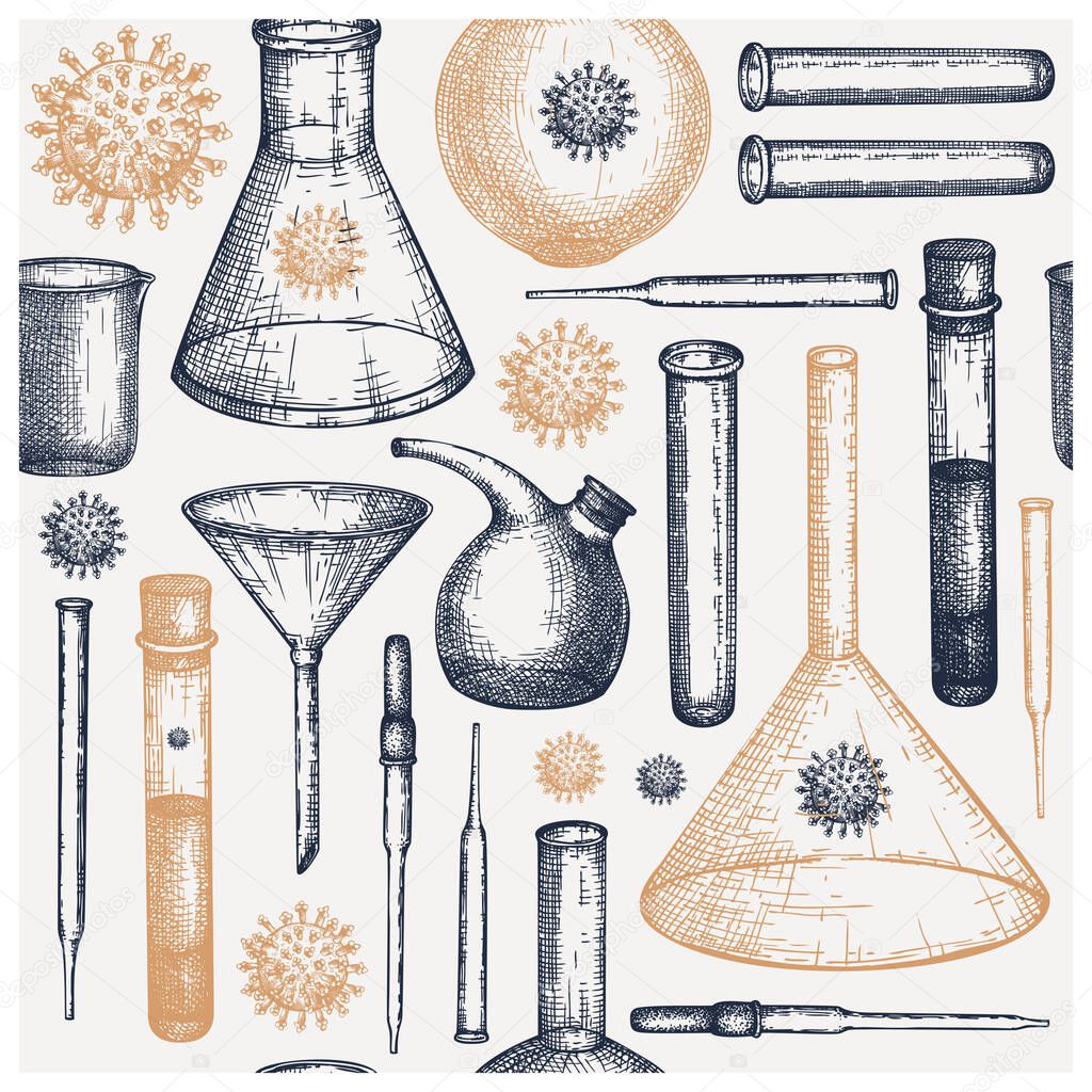 Corona Virus seamless pattern with laboratory equipment sketches. Hand drawn Coronavirus 2019-nCoV background. Medicine lab testing equipment backdrop. Vector glass, beaker, flask, pipette, funnel for science experiments.