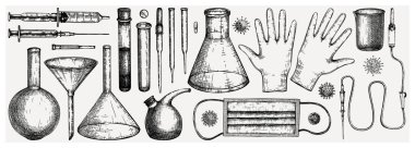 Medicine equipment and protectors against corona virus and other infection. Hand drawn glass pipette, flask, beaker, glass, tubes, funnel, pipettes, gloves, face masks drawings. Laboratory equipment sketches set. Realistic virus macro drawings clipart