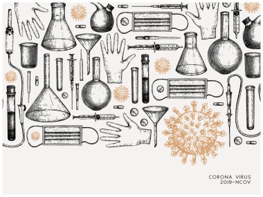 Coronavirus araştırma ve önleme yöntemleri. Coronavirus elle çizilmiş A4 tasarım şablonu. Yeni salgın (2019-nCoV). Laboratuvar ekipmanlı vektör pankartı, tıbbi aletler, gerçekçi virüs çizimleri