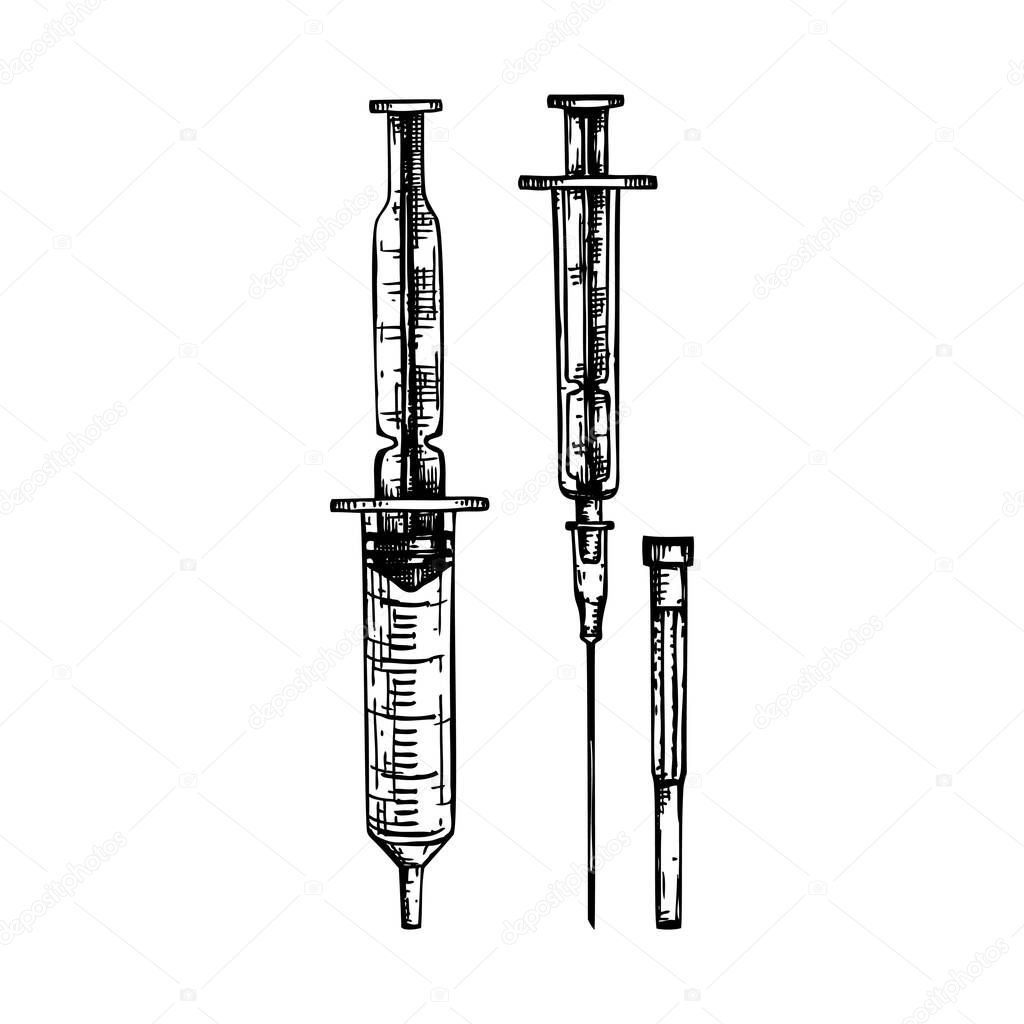 Medicine equipment sketch. Hand drawn medical syringes set. Treatment tools drawings. Vector syringes in engraved style for medicinal procedures.