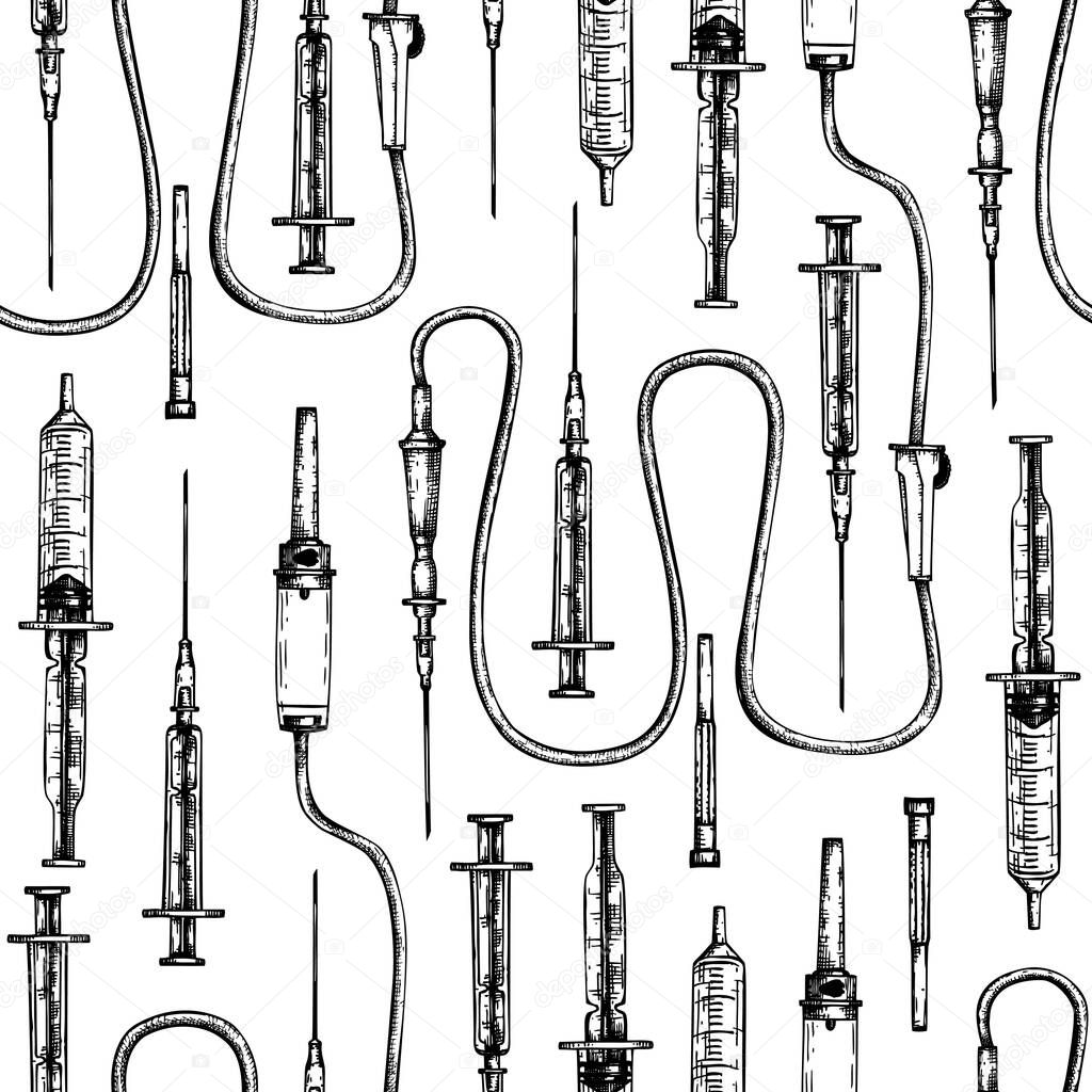 Medicine equipment seamless pattern. Hand drawn medical syringes background. Treatment tools drawings. Vector syringes in engraved style for medicinal procedures backdrop