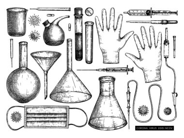 İlaç ekipmanları ve korona virüsü ya da diğer enfeksiyonlara karşı koruyucular. El yapımı pipet, matara, beher, cam, tüpler, huni, pipetler, eldivenler, yüz maskesi çizimleri. Laboratuvar ekipmanı çizimleri