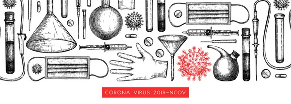 Corona Virüs Araştırma Önleme Yöntemleri Pankartı Coronavirus Yapımı Tasarımı Laboratuvar — Stok Vektör
