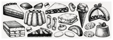 İtalyan tatlıları, hamur işleri ve kurabiye koleksiyonu. El çizimi pişirme ve tatlı yemek çizimi. Kafe ya da restoran menüsü tasarım elementleri. Geleneksel İtalyan tatlıları seti