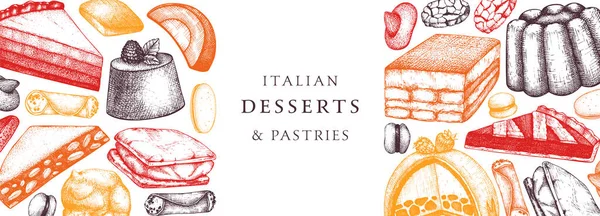 Banner Panadería Italiana Con Postres Dibujados Mano Pasteles Ilustración Bocetos — Vector de stock