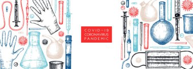Laboratuvar ekipmanları, tıbbi aletler, gerçekçi virüs pankartı. Corona virüs araştırma ve önleme yöntemleri. Coronavirus el yapımı tasarımı. COVID-19 geçmişi. Tıbbi vektör şablonu.