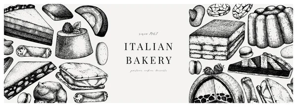 Italienska Desserter Bakverk Kakor Banner Med Handritad Bakning Skiss Illustration — Stock vektor