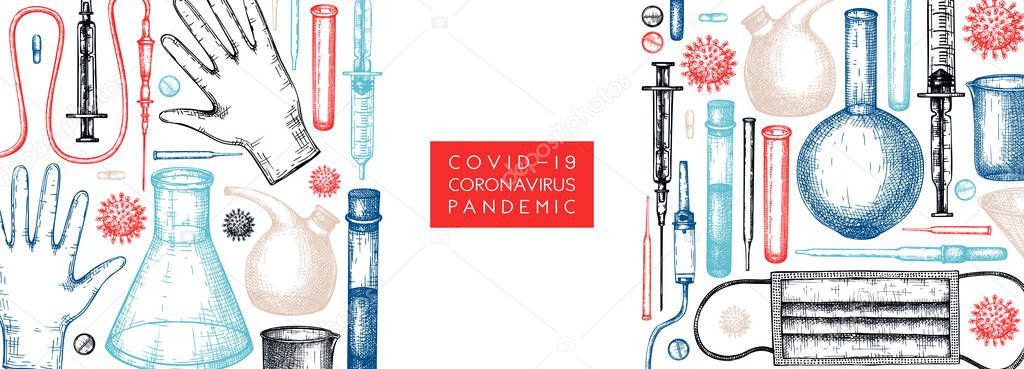 Laboratory equipment, medicinal tools, realistic virus banner. Corona virus research and prevention methods illustration. Coronavirus hand drawn design. COVID-19 background. Medical vector template.