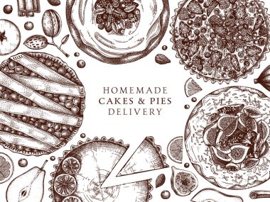 Meyve ve çilek tatlısı menü tasarımı. Mürekkeple çizilmiş kek ve turta. Ev yapımı meyveli tatlı çizimi. Güzel pastane afişi. Teslimat için üst görünüm illüstrasyon, fast food, restoran vektör menüsü tasarımı.