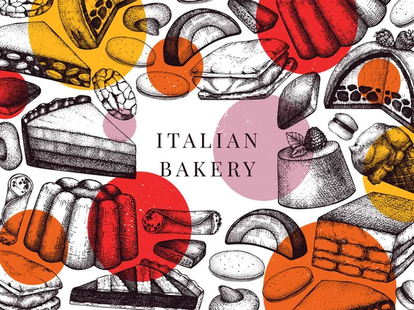 Marco Panadería Italiana Collage Geométrico Moda Postres Dibujados Mano Pasteles — Vector de stock