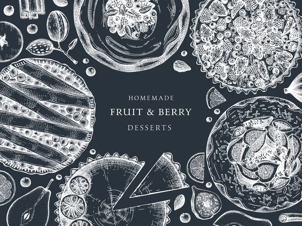 Desserts Fruits Baies Menu Design Encre Dessinée Main Pâtisseries Tartes — Image vectorielle