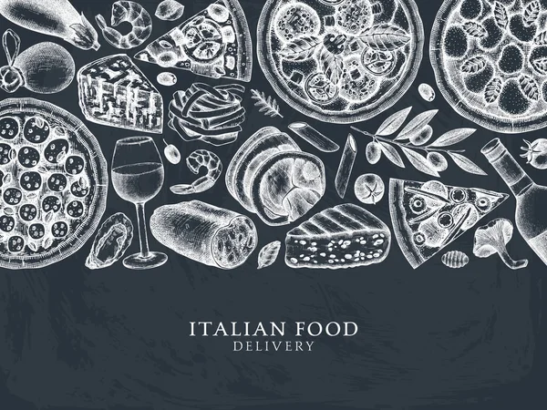 Hand Drawn Pizza Pasta Ravioli Ingredients Top View Frame Italian — Stock Vector