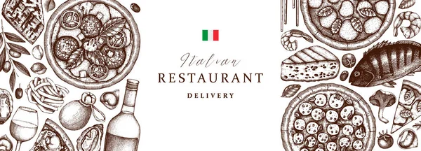 Pizza Dibujada Mano Pasta Ravioles Ingredientes Marco Vista Superior Diseño — Archivo Imágenes Vectoriales