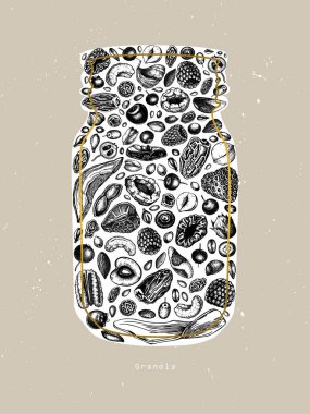 Granola vintage tasarımı. İşlenmiş stil sağlıklı kahvaltı illüstrasyonu. Farklı böğürtlen, mısır gevreği, kurutulmuş meyve ve fındık çerçeveli ev yapımı granola. Sağlıklı besin şablonu altın ve oymalı elementlerle