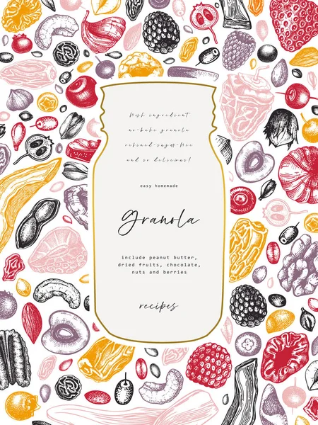 Granola Vintage Ontwerp Gegraveerde Stijl Gezond Ontbijt Illustratie Zelfgemaakte Granola — Stockvector