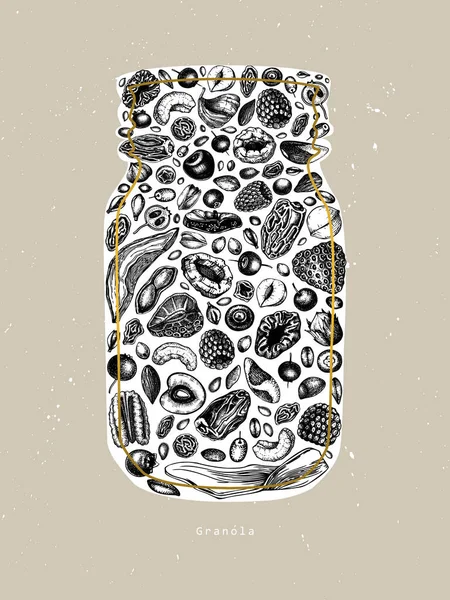 グラノーラヴィンテージデザイン 刻まれたスタイルの健康的な朝食イラスト ベリー シリアル ドライフルーツ ナッツフレームが異なる自家製グラノーラ 黄金と刻まれた要素を持つ健康食品テンプレート — ストックベクタ