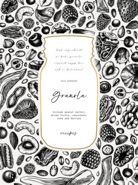 Granola vintage tasarımı. İşlenmiş stil sağlıklı kahvaltı illüstrasyonu. Farklı böğürtlen, mısır gevreği, kurutulmuş meyve ve fındık çerçeveli ev yapımı granola. Sağlıklı besin şablonu altın ve oymalı elementlerle