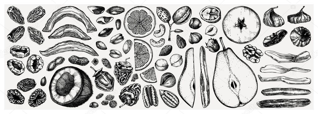 Dried fruits and nuts collection. Hand drawn dehydrated fruits sketches. Vintage nuts illustrations. For vegan food, snacks, healthy breakfast, granola, baking, desserts.