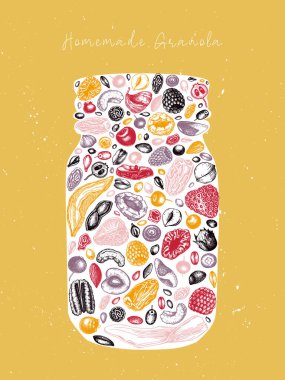 Granola kavanozu klasik tasarımı. Sağlıklı bir kahvaltı illüstrasyonu. Böğürtlen, tahıl gevreği, kurutulmuş meyve ve fındık çerçeveli ev yapımı granola. Sağlıklı besin şablonu altın ve eskiz elementlerle