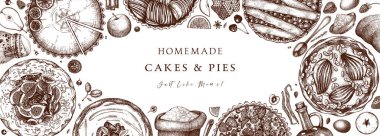 Böğürtlenli kek ve turta pankartı. Elle çizilmiş kek, turta ve taze böğürtlen tasarımı renkli. Ev yapımı tatlı tarifi şablonu. Yemek teslimatı, kafe menüsü, yemek tarifi için üstten görüntü