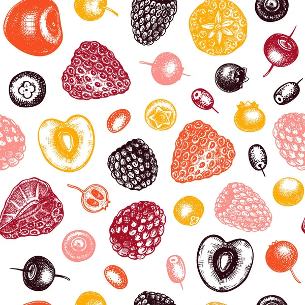 Summer Berry Seamless Pattern Hand Drawn Berries Vector Background Fresh — Stock Vector