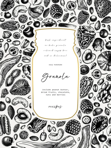 Pot Granola Design Vintage Illustration Gravée Petit Déjeuner Sain Granola — Image vectorielle