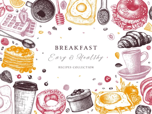 早餐桌面视图框架 晨间食品菜单模板的颜色 早餐和炖菜病媒背景 古老的手绘食物草图 雕刻式早餐设计 — 图库矢量图片