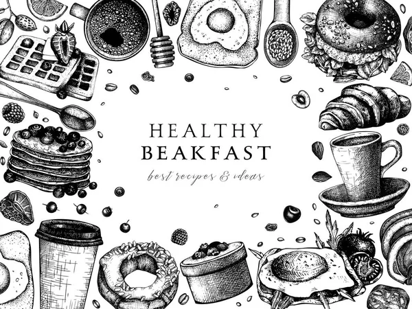 早餐桌面视图框架 晨间食品菜单向量模板 早餐和炖菜背景 古老的手绘食物草图 雕刻式早餐设计 — 图库矢量图片