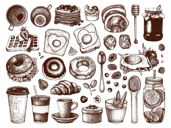 早餐菜肴病媒收集 晨间食物手绘插图 早餐和香肠菜单设计元素设置 古董画的食物和饮料草图 雕刻风格的绘画 — 图库矢量图片