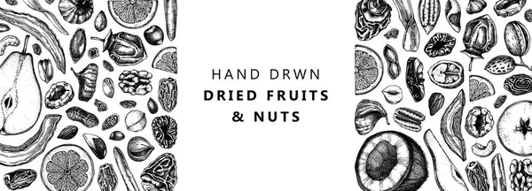 Gedroogde Vruchten Noten Spandoek Met Hand Getekend Uitgedroogd Fruit Schetsen — Stockvector
