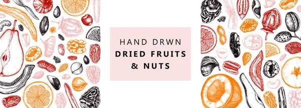 Gedroogde Vruchten Noten Spandoek Met Hand Getekend Uitgedroogd Fruit Schetsen — Stockvector