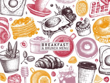 Kahvaltının renkli pankartı. Sabah yemeği ve sıcak içecek menü vektör şablonu. Kahvaltı ve brunch 'lar arka planda. Klasik el yapımı yemek taslakları. İşlenmiş stil kahvaltı üst görünüm tasarımı.