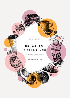 Kahvaltı modası tasarımı. Sabah yemekleri ve içecekler, soyut elementler, geometrik şekiller kahvaltı ve brunch eskizleri. Yemek tarifi, menü, etiket, ikon, ambalaj için mükemmel. Vintage tarzında klasik yiyecek arka planı