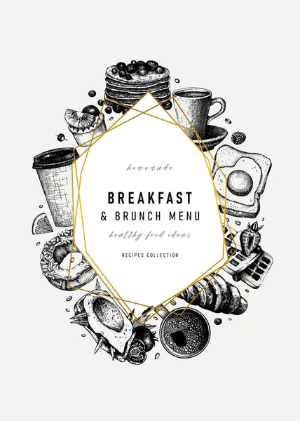 早餐流行设计 早上的食物和饮料框架与抽象的元素和金箔 早餐和早午餐草图 完美的配方 复古风格的复古食品背景 — 图库矢量图片