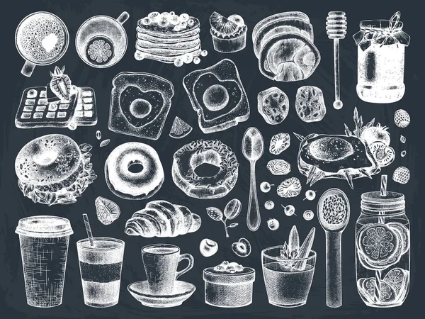 Πρωινά Πιάτα Διανυσματική Συλλογή Στον Πίνακα Κιμωλία Πρωινή Χέρι Τροφίμων — Διανυσματικό Αρχείο