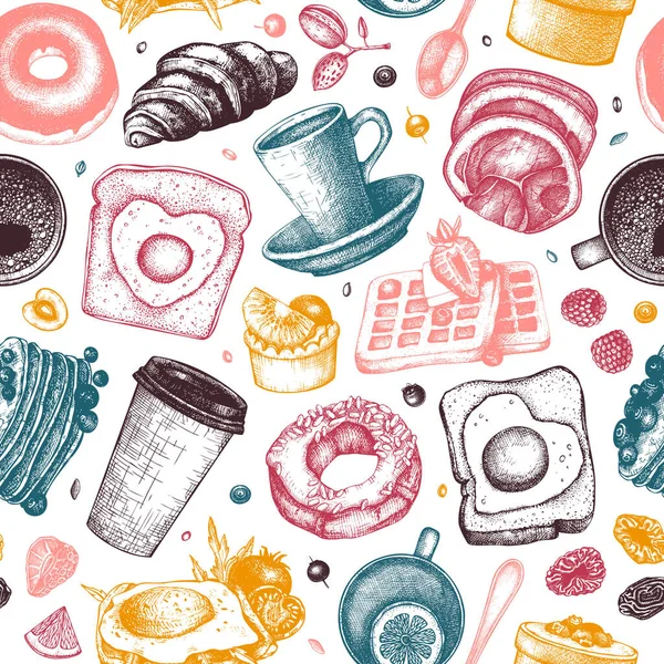 朝食の料理のベクトルの背景 朝の食べ物の手のイラストを描いた 朝食とブランチメニューのデザイン ヴィンテージハンドドロー食品やドリンクシームレスパターン 刻まれた様式の背景 — ストックベクタ