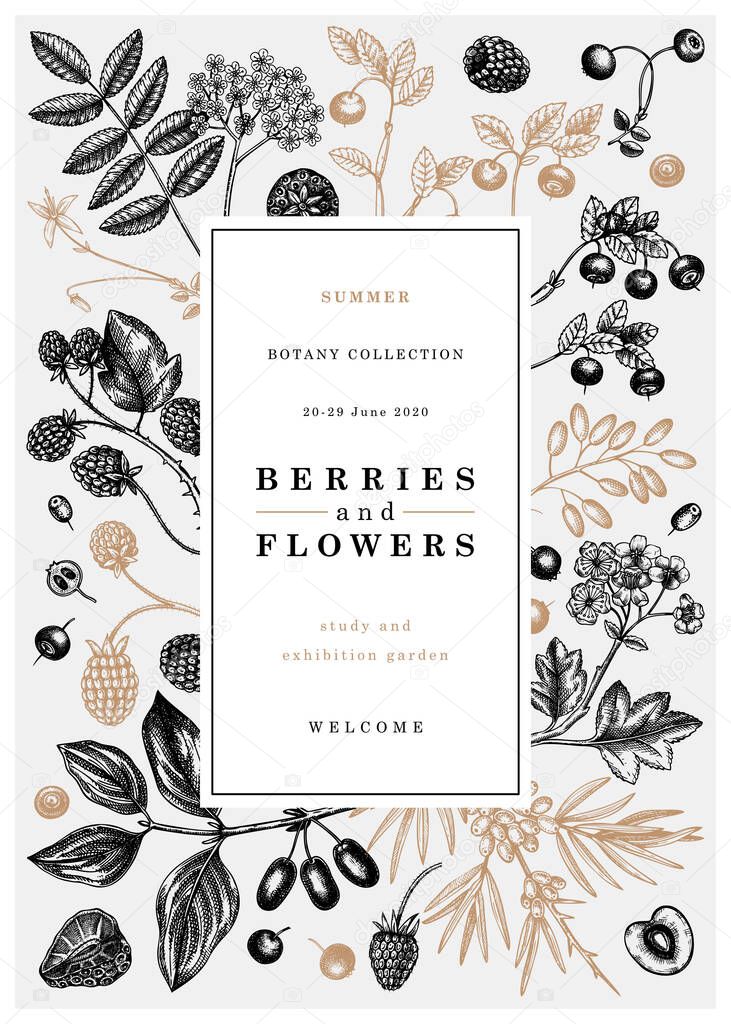 Hand drawn berries vector design in vintage style. Wild berries and flowers greeting card or invitation template. Hand drawing. Vintage forest berry illustration.  Healthy food ingredient 