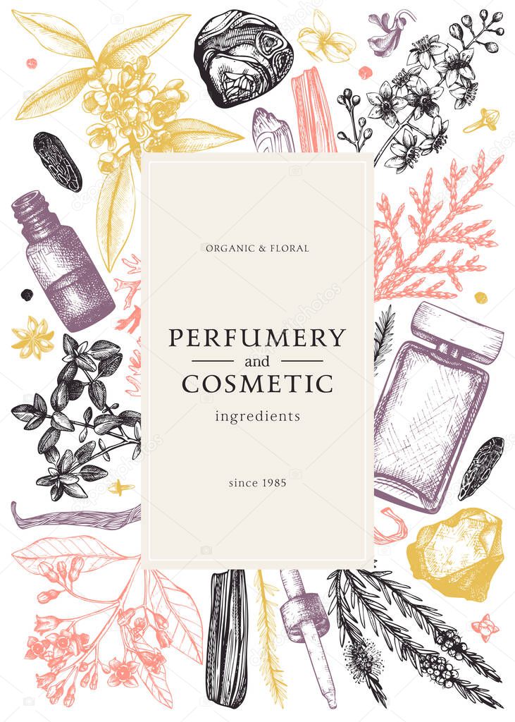 Hand drawn perfumery and cosmetics ingredients flyer. Decorative background with vintage aromatic plants, fruits, spices, herbs for perfumery. Organic cosmetics design template. Aromatic plants banner